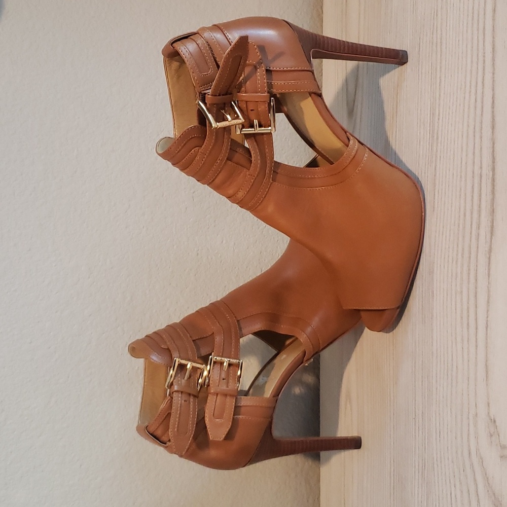 Michael Kors Blaze Leather Open-Toe Bootie Acorn/Tan Women's 8.5
